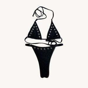 NWT Shein Black & Silver Micro Bikini Set with Eyelets Thong Size Medium